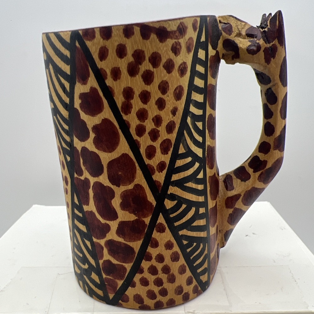 Vintage Handcrafted Wood Giraffe Mug Made In Kenya. 4"